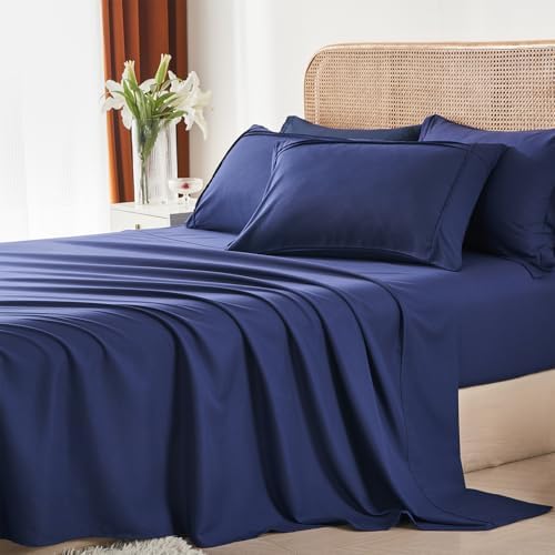 Yogeneg King Size Comforter Set 7 Piece Bed in a Bag,Grid Pinch Pleat Navy Blue Bedding Set,Striped Textured Soft Microfiber Comforter with Sheet Set,All Season Complete Bed Set(Navy Blue,King)