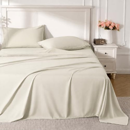 ROSE&RISY Light Beige Queen Sheet Set, 4 Pcs Soft Bedding Queen Sheet Set, Breathable and Cooling Sheet Bed Set, Includes 1 Fitted Sheet, 1 Flat Sheet, 2 Pillowcases - Deep Pocket (Light Beige, Queen)