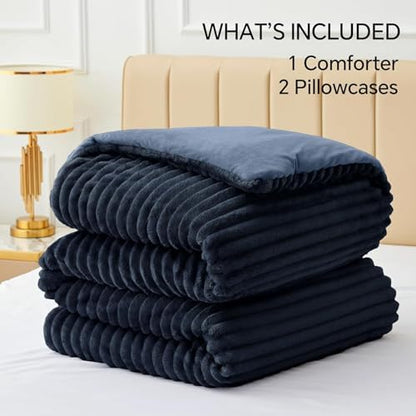 BEDELITE Fleece Oversized Queen Comforter Set, Fluffy Bed Set, Navy Blue