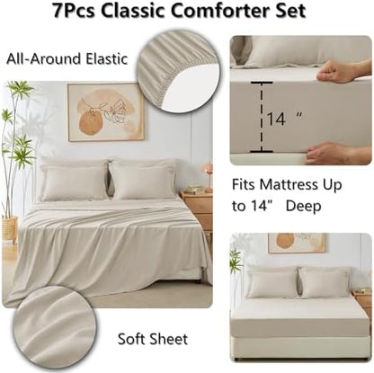 CozyLux Queen Comforter Set 88"x88" Oatmeal - 7 Piece Bed in a Bag