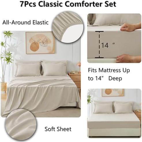 CozyLux Full Comforter Set 82"x86" Oatmeal - 7 Piece Bed in a Bag