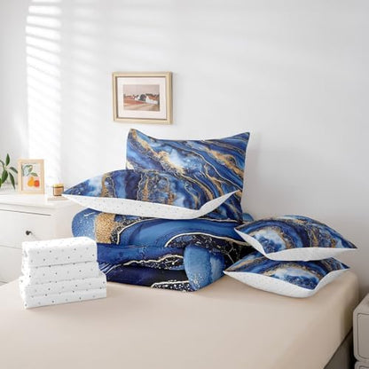 Erosebridal Watercolor Marble Printed Comforter Set Full Size,Blue Tie Dye Bedding Set for Kids Teens,Retro Artwork (Comforter+Fitted+Flat Sheet+2 Pillowcases+2 Throw Pillow Covers) 7 Pieces Bed Set