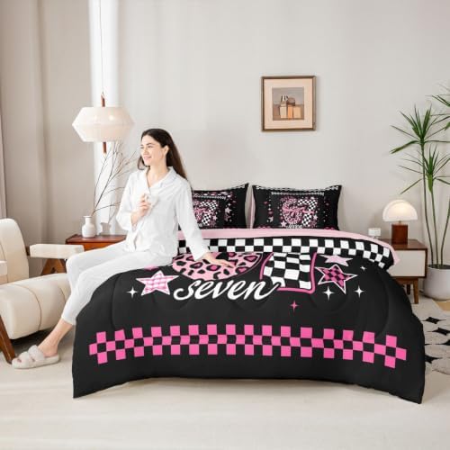 Erosebridal Pink Black Girly Fashion Queen Comforter Set 7 Piece for Girls 67 Bow Bedding Set Leopard Print Plaid Number Bed in A Bag Fashion Trendy Y2K Style Sheet Set with Comforter
