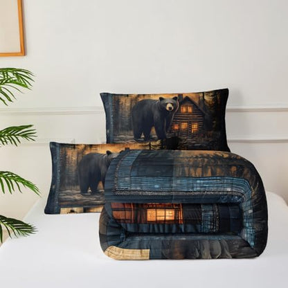 Black Bear Comforter Set Queen Size for Boys Kids,Rustic Theme Woodland Cabin Lodge Bear Hunting Bedding Set,Soft Microfiber Wildlife Forest Animals Print Quilt Set