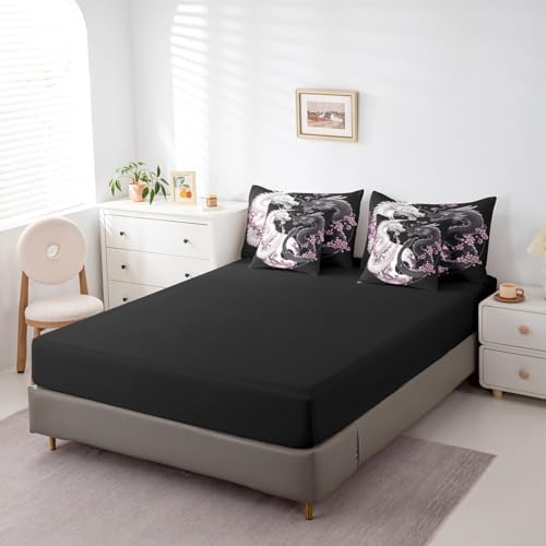 Feelyou Dragon Comforter Set 7 Pieces Twin Size Yin Yang Cherry Flower Bedding Set for Boys Girls Wildlife Bed in a Bag with Comforter, Sheets, Pillowcases & Cushion Covers