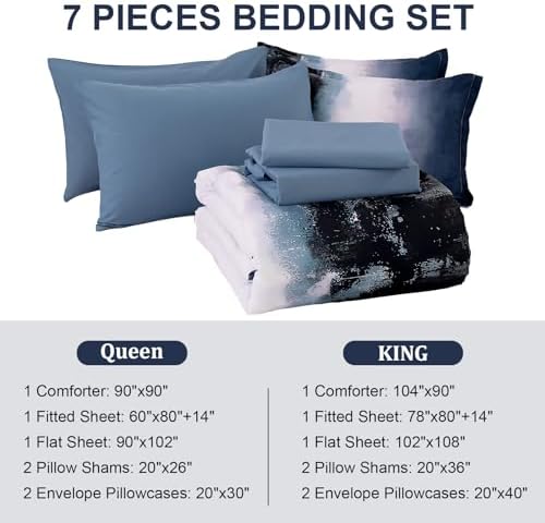 Dinjoy Ombre Blue Comforter Set King Size Gradient Navy Blue Black Boho Bedding Set for Teen Men Women 7 Pieces Bed in A Bag Bohemian Bed Set with Comforter, Sheets, Pillowcases & Shams