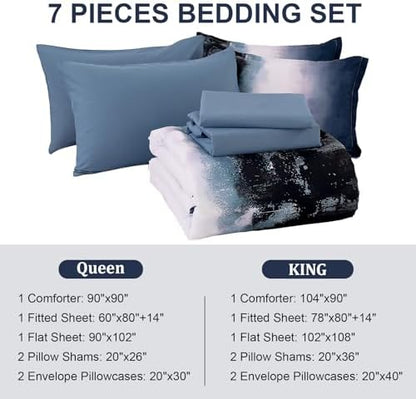 Dinjoy Ombre Blue Comforter Set Queen Size Gradient Navy Blue Black Boho Bedding Set for Teen Men Women 7 Pieces Bed in A Bag Bohemian Bed Set with Comforter, Sheets, Pillowcases & Shams