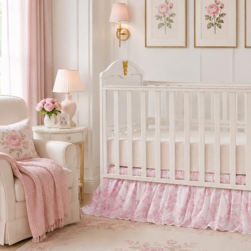 Brandream Organic Cotton Crib Skirt Dust Ruffle, Baby Girl Crib Bed Skirt, 4-Sided, Luxury French Vintage Pink Rose Floral & Bow Cottagecore Toddler Bedskirt Farmhouse Chic Nursery Bedding Skirt