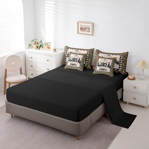 Erosebridal Camping 7 Piece Bedding Set Twin for Teens Adult Camper Bedding,Rustic Farmhouse Style Comforter Set Bed in a Bag Happy Camping Black Sketch Drawing Duvet Insert Travel Car Sheet Set