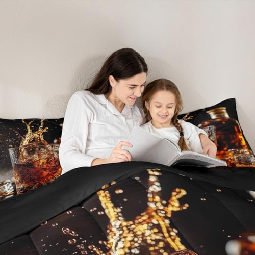 Whisky Drinks Kids Comforter Set Full Size,Whiskey Malt Liquor Drinking Bedding Set,Girls Boys Room Decor,Bar Beer Glass Quilt Comforter,Western Fashion Duvet Insert,2 Pillowcases