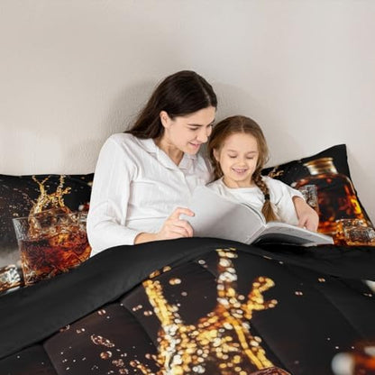 Whisky Drinks Kids Comforter Set Full Size,Whiskey Malt Liquor Drinking Bedding Set,Girls Boys Room Decor,Bar Beer Glass Quilt Comforter,Western Fashion Duvet Insert,2 Pillowcases