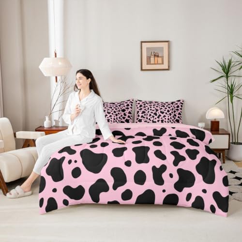Erosebridal Cow Pink Western 7 Piece Bedding Set King Milk Cow Print Comforter Set with Sheets Cowgirl Preppy Bed in a Bag Farmhouse Animal Bed Sets Comforter