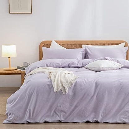 BESTOUCH Cotton Solid Duvet Cover Set Linen Feel Taro Purple Queen