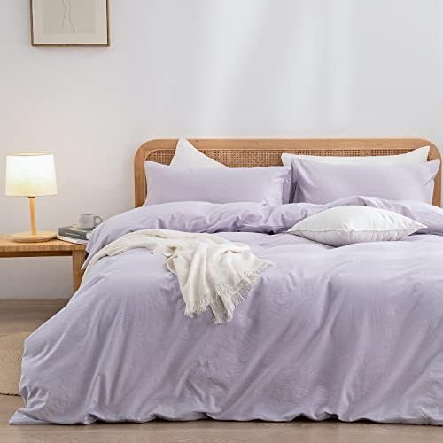 BESTOUCH Cotton Solid Duvet Cover Set Linen Feel Taro Purple Twin