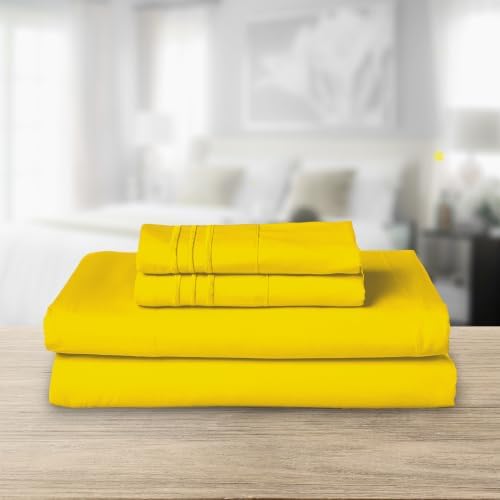 Elegant Comfort Luxurious 1500 Premium Hotel Quality Microfiber Three Line Embroidered Softest 4-Piece Bed Sheet Set, Wrinkle and Fade Resistant, King, Yellow