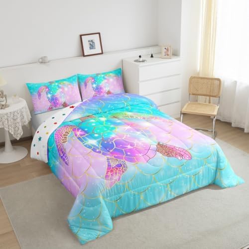 Erosebridal Mermaid Scales Comforter Set for Girls, Tortoise Reptile Bedding Set Twin Size, Sea Turtle Ocean Life Duvet Sets for Kids Children Boys Women, Sweet Girly Down Comforter, Teal Blue