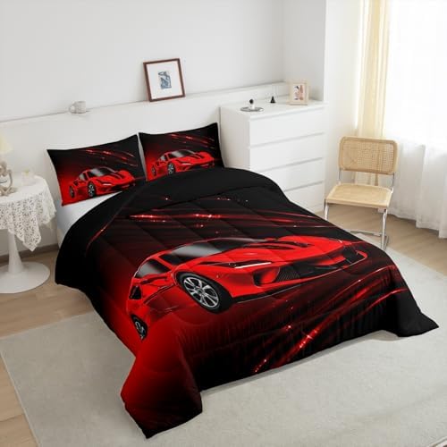 Feelyou Boys Red Race Car Bedding Set King Size Speed Sports Car Comforter Set for Kids Teens Adult Fast and Furious Duvet Set Red Ombre Quilt Set 3Pcs
