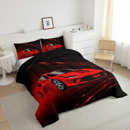 Feelyou Boys Red Race Car Bedding Set Toddle Size Speed Sports Car Comforter Set for Kids Teens Adult Fast and Furious Duvet Set Red Ombre Quilt Set 2Pcs