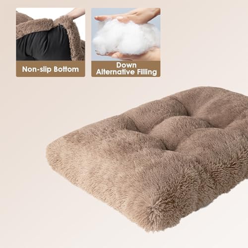 EHEYCIGA Fluffy Dog Crate Bed for Large Dogs, Plush Faux Fur Pad, Camel
