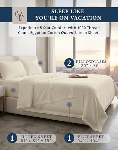 LANE LINEN Queen Size Sheets 1000 Thread Count 100% Egyptian Cotton - Ivory