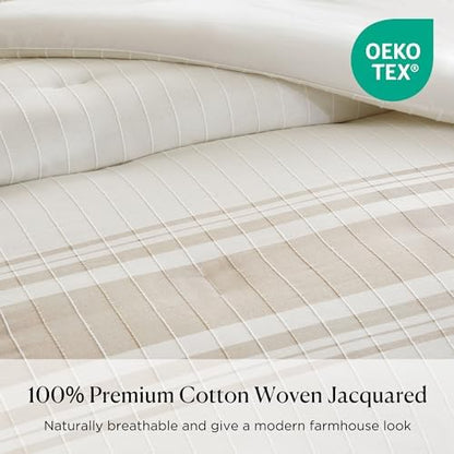 Harbor House Queen Comforter Set, Stripes Clipped Jacquard, Soft Cotton Oversized Comforter for a Queen-Size Bed, Farmhouse Bedding, 2 Shams, Bedskirt, 2 Décor Pillows, Morgan, Queen Ivory/Taupe