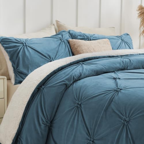 BEDELITE Fluffy Sherpa Queen Comforter Set,Pintuck-Blue Fog