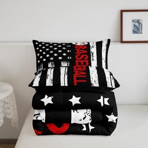 Erosebridal American Flag Bedding King Red Baseball Print Comforter 3pcs Kids Sports Gaming Bedding Comforter Sets for Boys Baseball Quilt Retro Stripes Bedroom Set for All Seasons with 2 Pillowcase