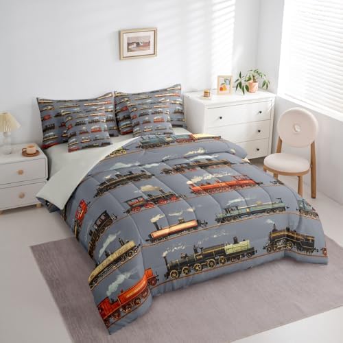 Feelyou Train Comforter Set with Sheets 7 Piece King Size Retro Steam Engine Train Bedding Set for Kids Boys Girls Vintage Transport Vehicle Bed in a Bag Room Decor Soft Lightweight Microfiber
