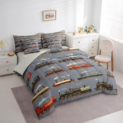 Feelyou Train Comforter Set with Sheets 7 Piece King Size Retro Steam Engine Train Bedding Set for Kids Boys Girls Vintage Transport Vehicle Bed in a Bag Room Decor Soft Lightweight Microfiber