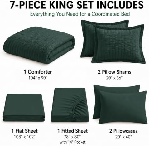 HIMEET King Comforter Set, 7-Piece Seersucker Bed in a Bag, Forest Green