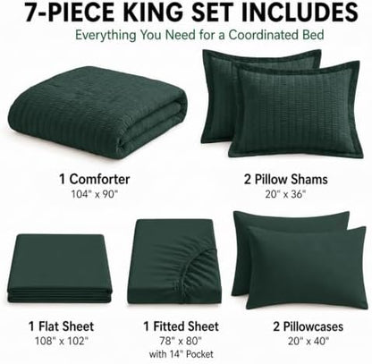 HIMEET King Comforter Set, 7-Piece Seersucker Bed in a Bag, Forest Green