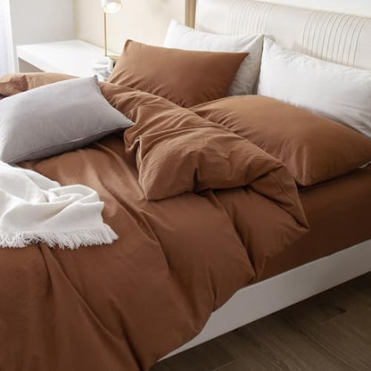 JIYUAN King Washed Cotton Duvet Cover Set, 3-Piece, Relaxed Linen Feel