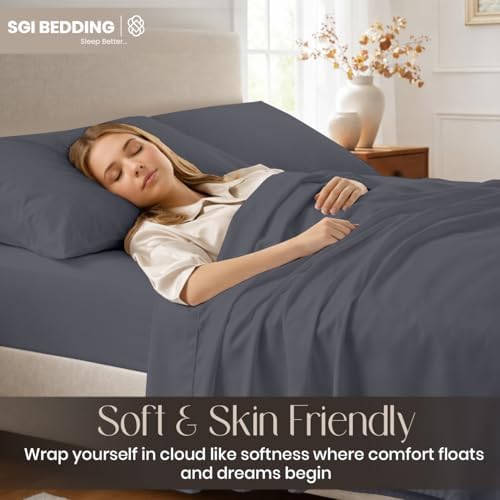 SGI bedding 100% Egyptian Cotton Sheets Queen Size – Cooling Sheets, Soft Breathable Dark Grey Bedding, Luxury Bedding, Luxury Hotel Sheet Set, Deep Pocket 16", 4 Piece Set