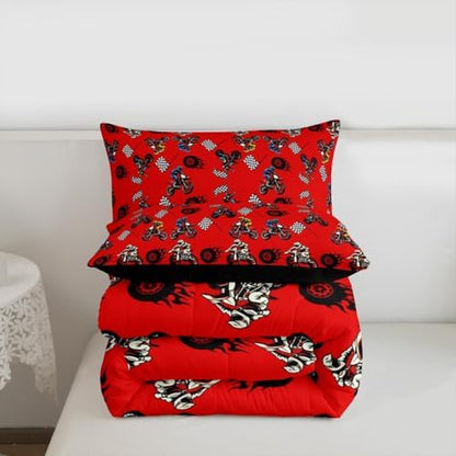 Feelyou Dirt Bike Comforter Set Full Size Racing Motocross Rider Bedding Set for Kids Boys Girls Motorbike Duvet Quilt Motorcycle Bedroom Decor Extreme Sports Microfiber 3 Pcs with 2 Pillow Cases