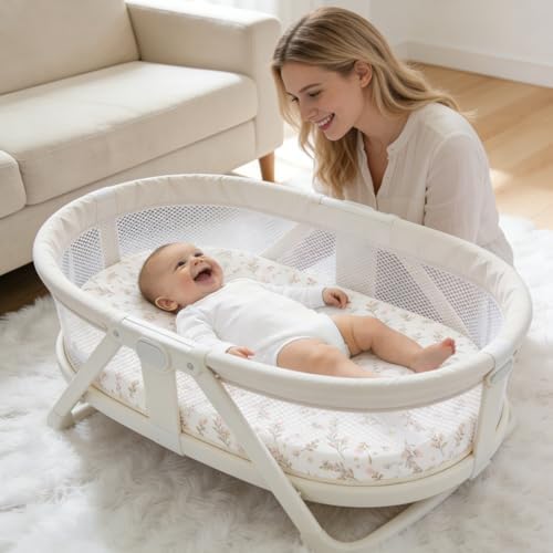 Organic Baby Bassinet Sheets 2 Pack 33”x17” 100% Muslin Cotton for Baby Girl Boy, Soft Fitted Mattress Pad Cover Compatible with Halo BassiNest Swivel Sleeper, Graco, Baby Delight, Chicco, Angelbliss