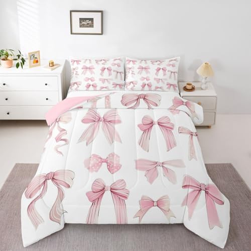 jejeloiu Watercolor Bow Bedding Set Soft for Boys Girls, Cute Pink Bowknot Comforter Set Full Size Girls Bow Duvet Quilt Microfiber Bedroom Decor 3 Pcs with 2 Pillow Cases