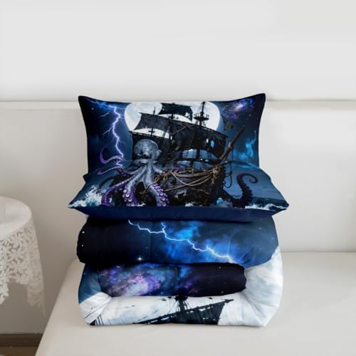 Castle Fairy Octopus Pirate Ship Bedding Set Twin Size 2 Pcs,Moon Lightning Galaxy Night Sky Comforter Set for Kids Teens Adults,Wild Sealife Ocean Sailing Comforter Duvet Set with 1 Pillowcase