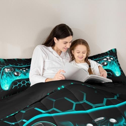 Erosebridal Ombre Art Honeycomb Gaming Consoles Bedding Set Teal Neon Lights Game Consoles King Size Comforter Set Geometry Hexagon Beehive Duvet Insert Gamer Room Decor for Boys