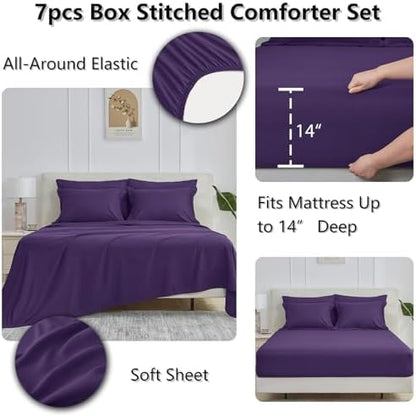 CozyLux Full Size Comforter Sets, 7-Piece Bed in a Bag, Purple