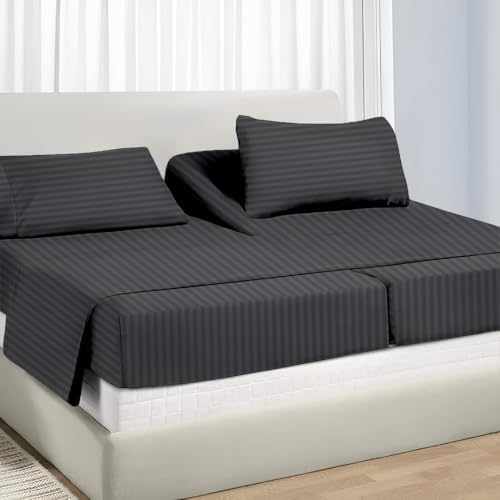 NON Sticky cotton Adjustable Split Queen Sheet Set for Sleep Number Beds, Premium 100% Long Staple Cotton Bedding, Two 30" X 80" Fitted Sheets Fits Up to 18" Deep Mattress, Dark Grey Stripe