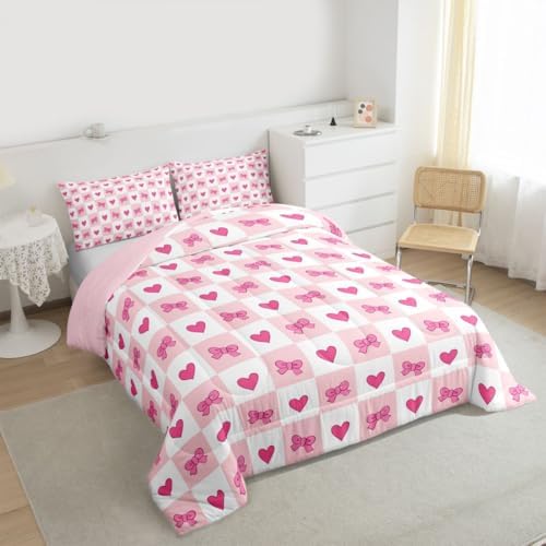 jejeloiu Girls Pink Bow Kids Comforter Set Full Size Bow Bedding Set Cute Bowknot Duvet Quilt for Kids Boys Girls Bedroom Decor Microfiber Ultra Soft Breathable