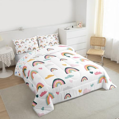 Erosebridal Kids Rainbow Bedding Set, Girly Love Heart Comforter Set Full Size Cartoon Rainbow Cloud Duvet Sets for Girls Boys Women Bedroom Decor, Soft Microfiber Down Comforter 3 Pieces,Colorful