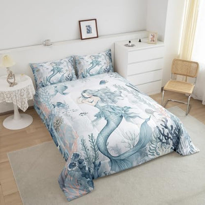 Homewish Cartoon Mermaid Comforter Set King Size,Blue Coral Shell Fish Quilt Set 3Pcs for Kids Girls Woman Teens Room Decor,Watercolor Sea Life Bedding Set Fantasy Mermaid Duvet Insert,2 Pillowcases