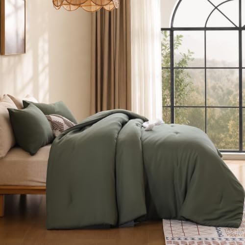 ROSGONIA Queen Comforter Set, Olive Dark Green, 3pcs Soft Bedding Quilt