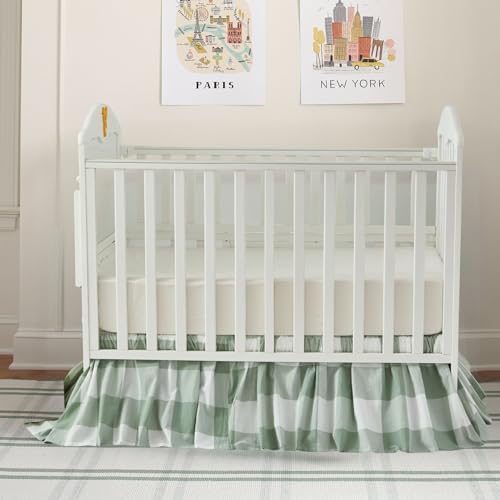 Brandream Gingham Gathered Crib Skirt, Baby Boy, Baby Girl, Gender Neutral Crib Skirt, 100% Cotton, 4-Sided, Green Buffalo Plaid Toddler Bedskirt Farmhouse Chic Nursery Crib Bed Skirt Dust Ruffle