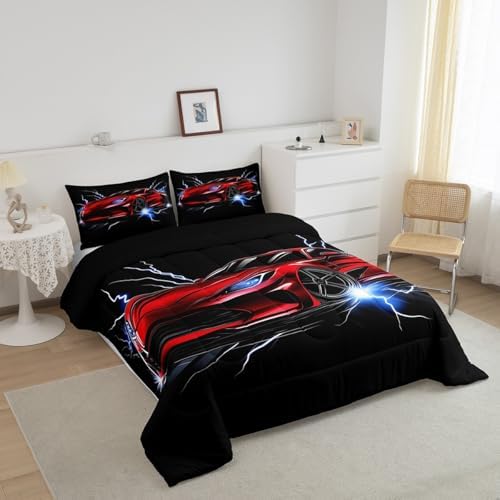 Erosebridal Race Car Toddler Comforter Set for Boys Teens Red Sports Car Bedding Set Cool Speed Car Down Comforter Extreme Sports Theme Quilt White Lightning Decor Duvet Insert with 1 Pillowcase