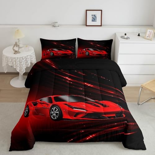 Feelyou Boys Red Race Car Bedding Set Toddle Size Speed Sports Car Comforter Set for Kids Teens Adult Fast and Furious Duvet Set Red Ombre Quilt Set 2Pcs