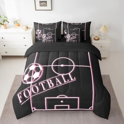 Kids Football Queen Comforter Set 7 Pieces for Girls Pink Bedding Comforter Sets, Ball Gamer Bed in a Bag Sport Game Bedding Set, Girly Soccer Field Bed Sheets Set Luxurious (Black Reversible)