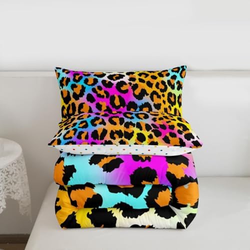 Leopard Print Comforter Set for Girls Kids Women Neon Rainbow Leopard Fur Bedding Set Mottled Exotic Panthera Skin Comforter Room Decor Colorful Camouflage Safari Theme Duvet Set King Size Quilt Set