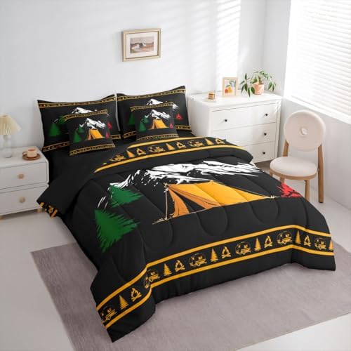 Erosebridal Happy Camping King Size Bed in A Bag Camper Rv Comforter Set with Sheets for Kids Boys Teens Bedroom Mountain Pine Tree 7 Piece Bedding Set Rustic Cabin Lodge Bed Sets, Black Orange